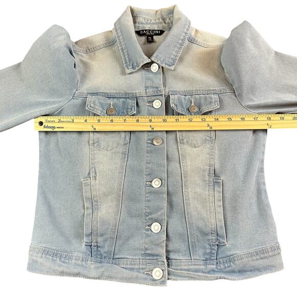 Baccini Jacket Women Petite Sz PS Light Blue Wash Cropped Ruched Shoulders Denim - Picture 11 of 12